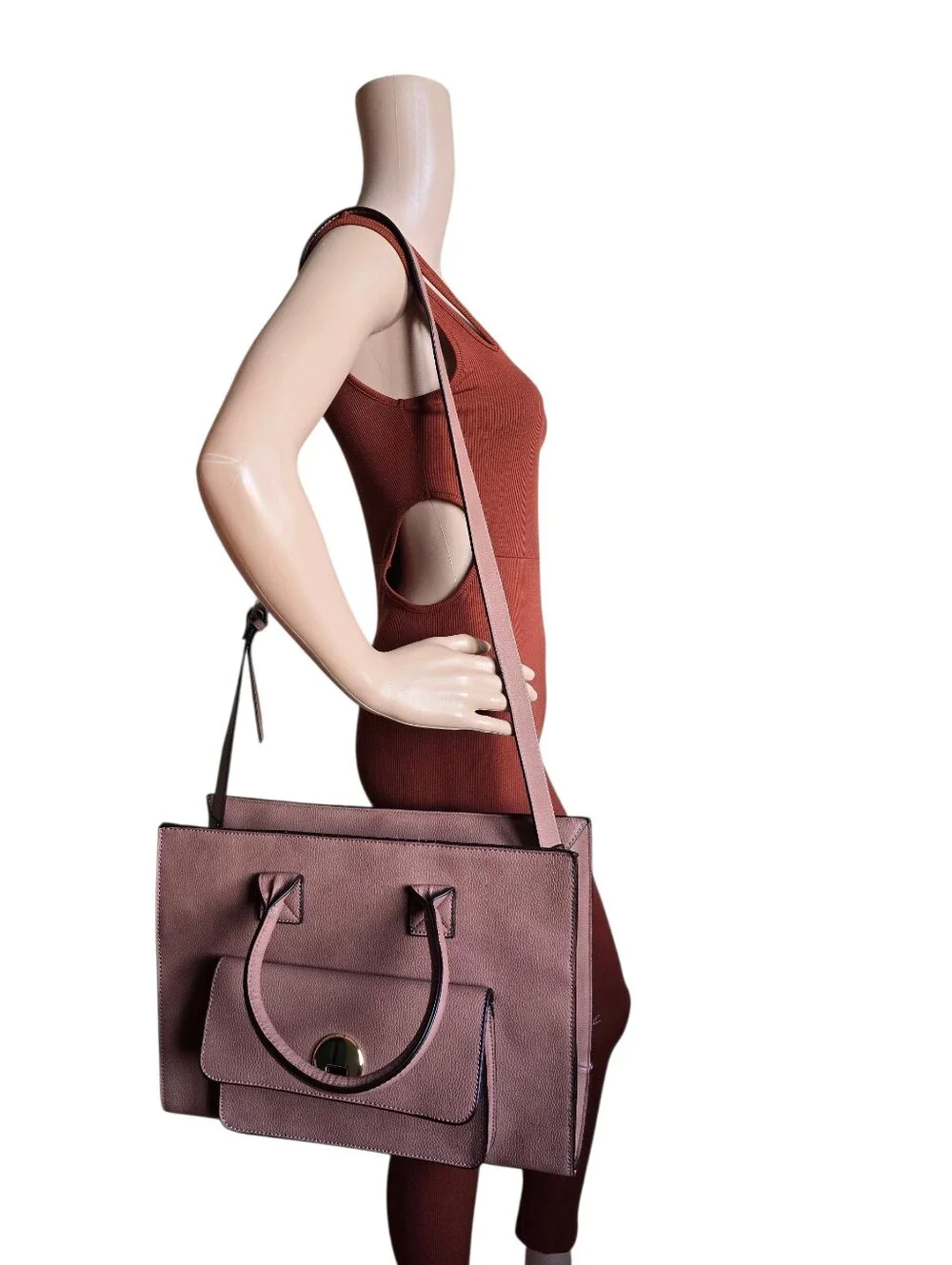Justfab Women's Mauve Pink Pebbled Faux Leather Large Satchel Tote Handbag - Picture 2 of 16